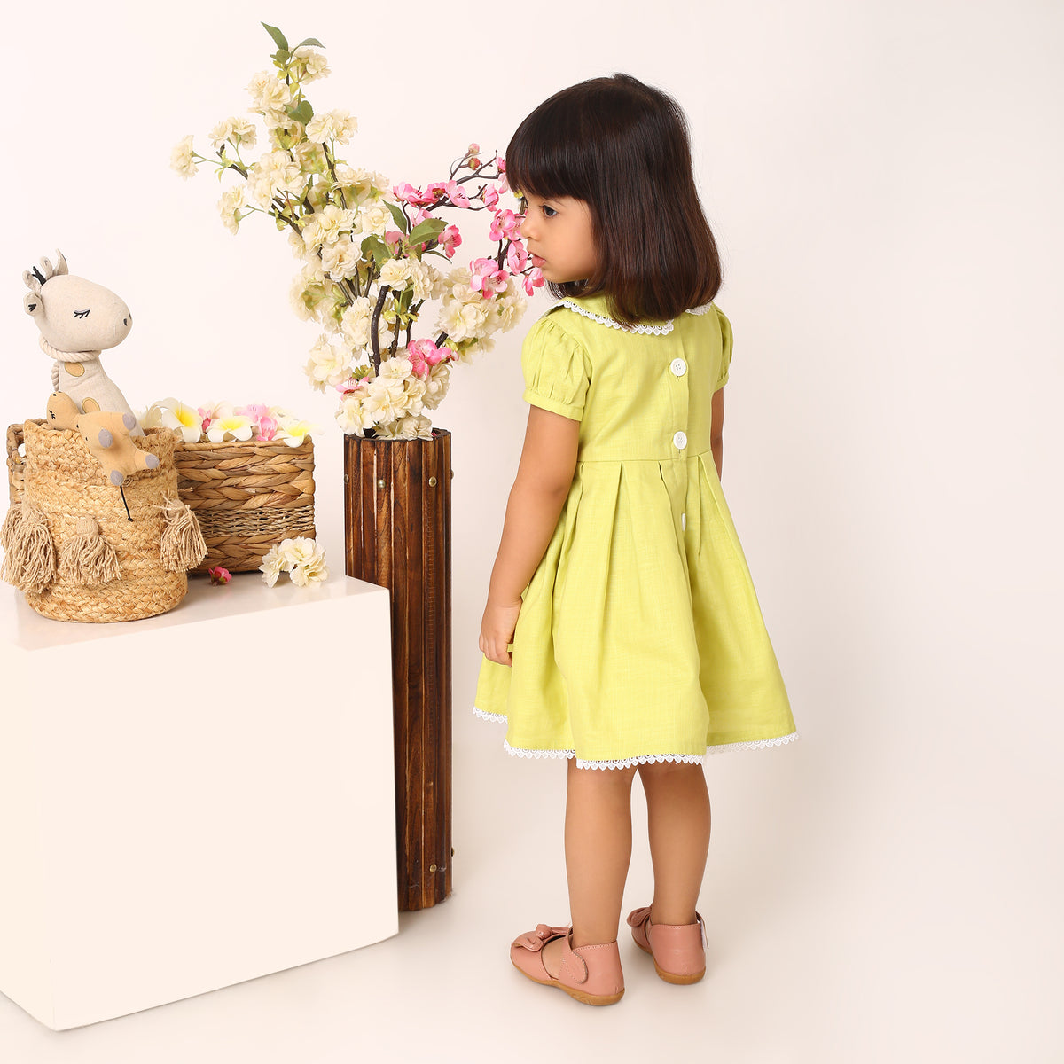 Cotton Linen Neon Green Box Pleated Dress with Peter Pan Collar and Bow