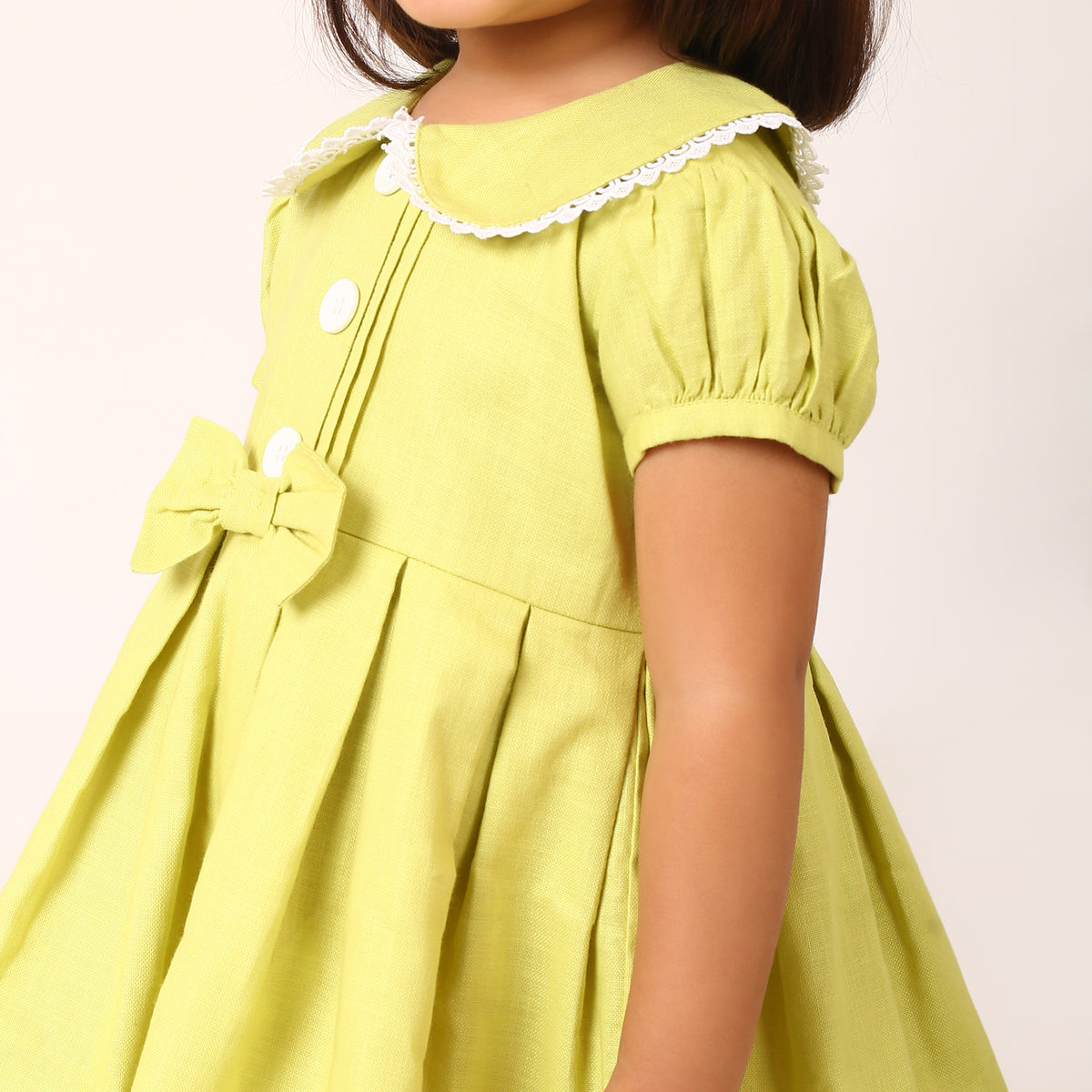 Cotton Linen Neon Green Box Pleated Dress with Peter Pan Collar and Bow
