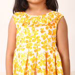 100% Cotton Floral Print Yellow Sleeveless Dress with Bow