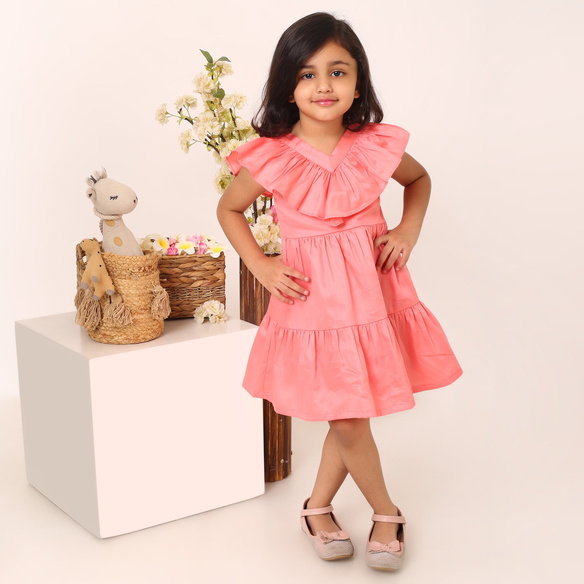100% Cotton Pink Tier Frill Neck Dress