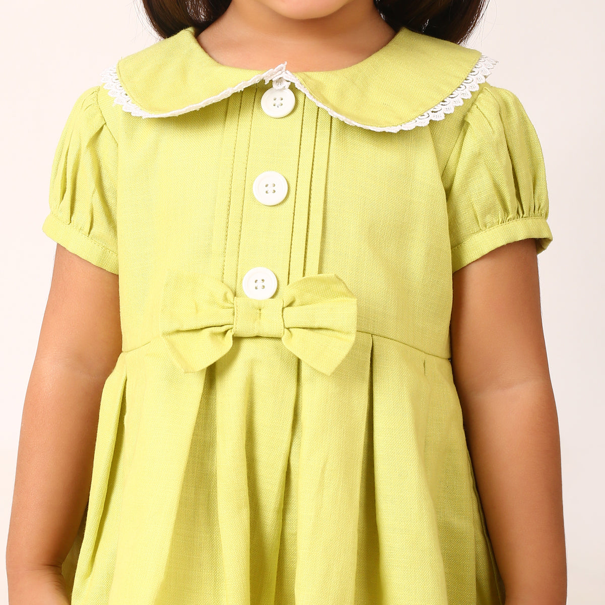 Cotton Linen Neon Green Box Pleated Dress with Peter Pan Collar and Bow