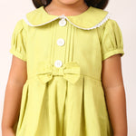 Cotton Linen Neon Green Box Pleated Dress with Peter Pan Collar and Bow
