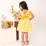 100% Cotton Floral Print Yellow Sleeveless Dress with Bow