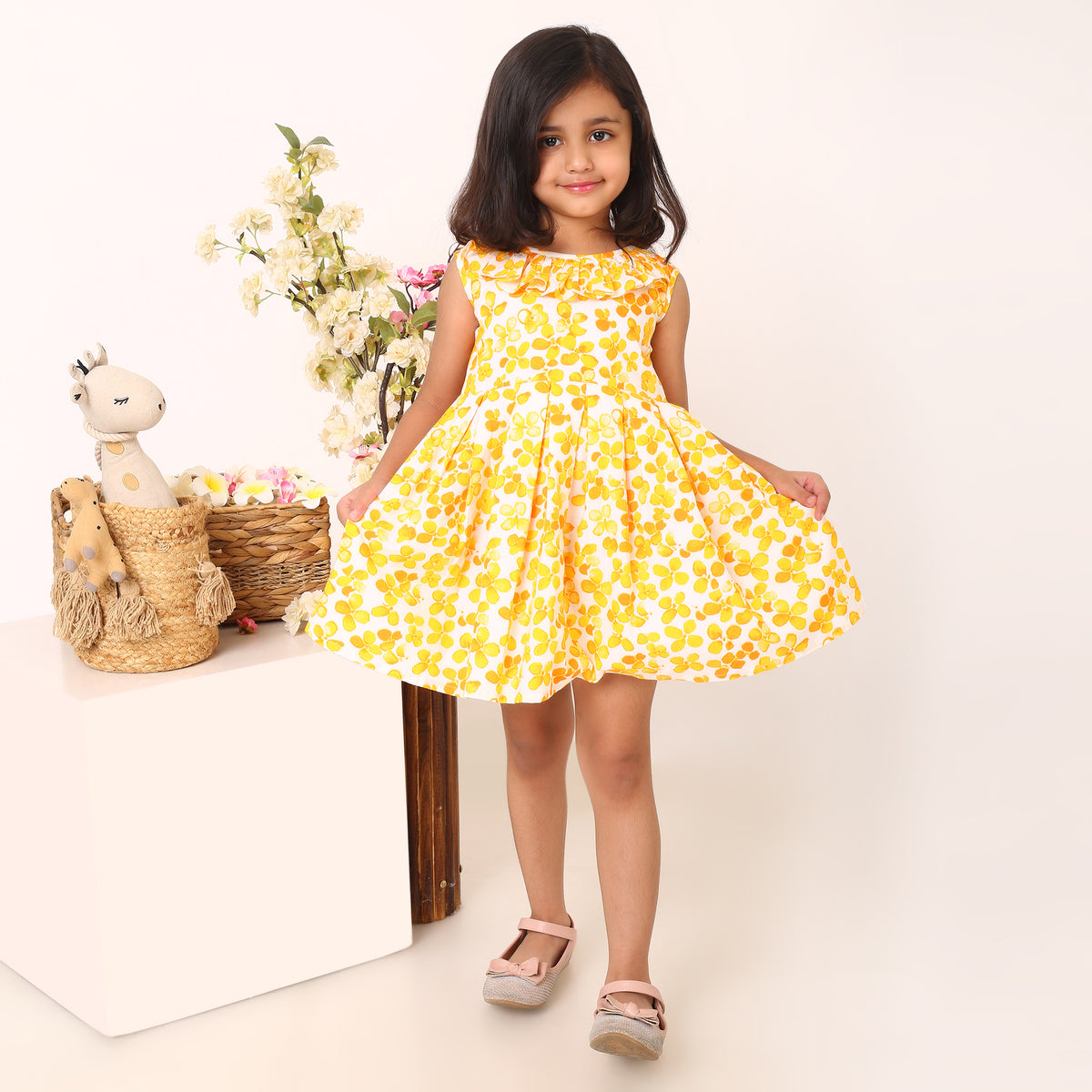 100% Cotton Floral Print Yellow Sleeveless Dress with Bow