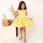 100% Cotton Floral Print Yellow Sleeveless Dress with Bow
