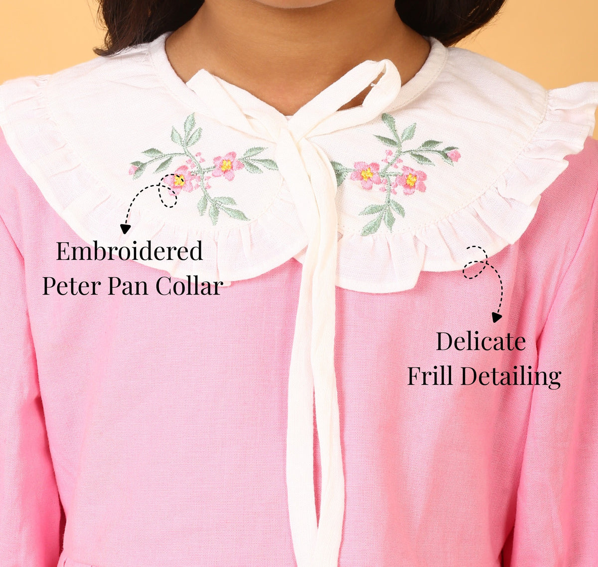 Pink cotton slub summer dress for girls with an embroidered Peter Pan collar