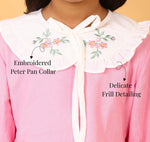 Pink cotton slub summer dress for girls with an embroidered Peter Pan collar