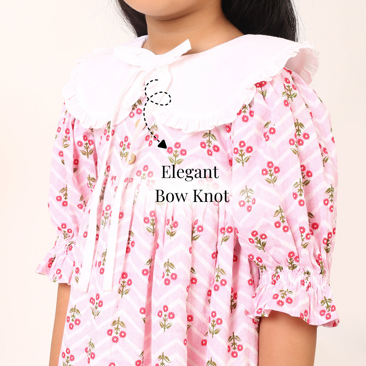 Pink floral cotton dress for girls with statement Peter Pan collar and frill accents