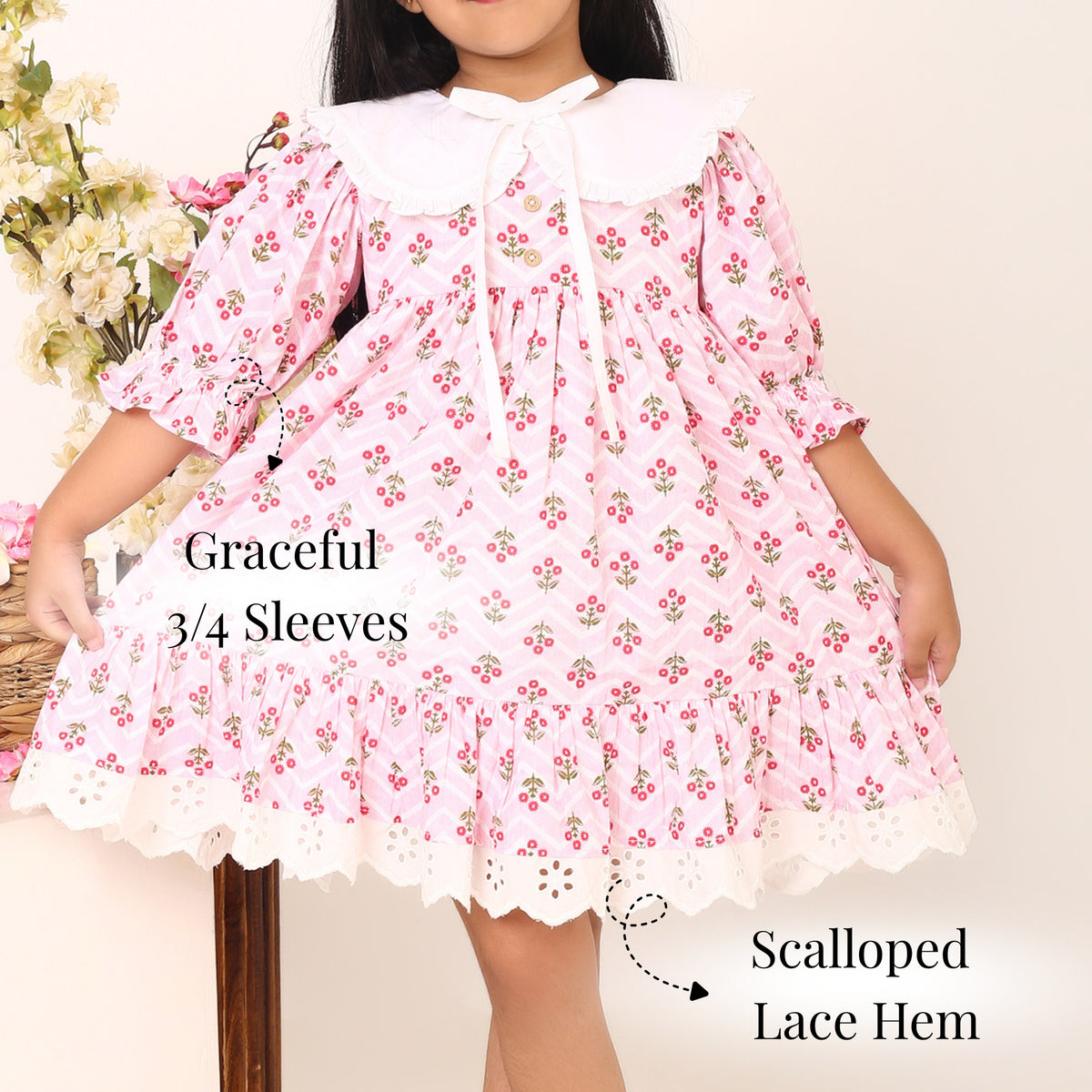 Pink floral cotton dress for girls with 3/4 sleeves and scalloped lace hem