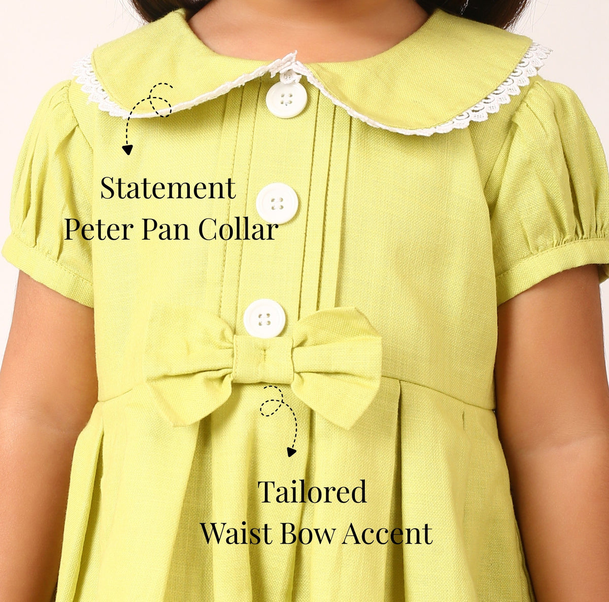 Neon green Peter Pan collar dress for girls with lace trim