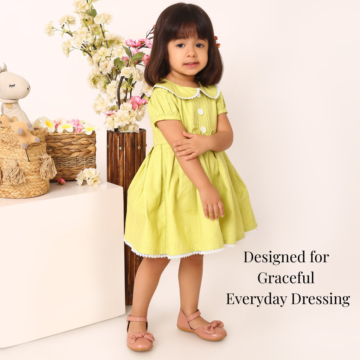 Neon Peter Pan Dress – Lime Cotton Pleated Dress for Girls