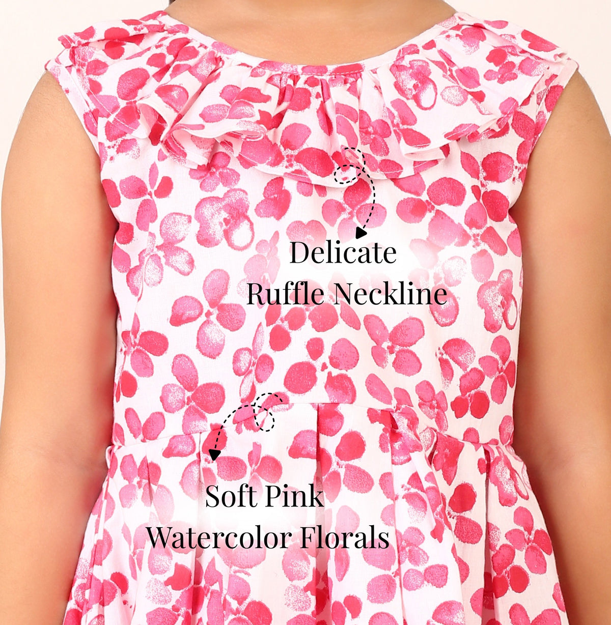 Pink floral cotton dress with ruffle neckline for girls