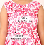 Pink floral cotton dress with ruffle neckline for girls