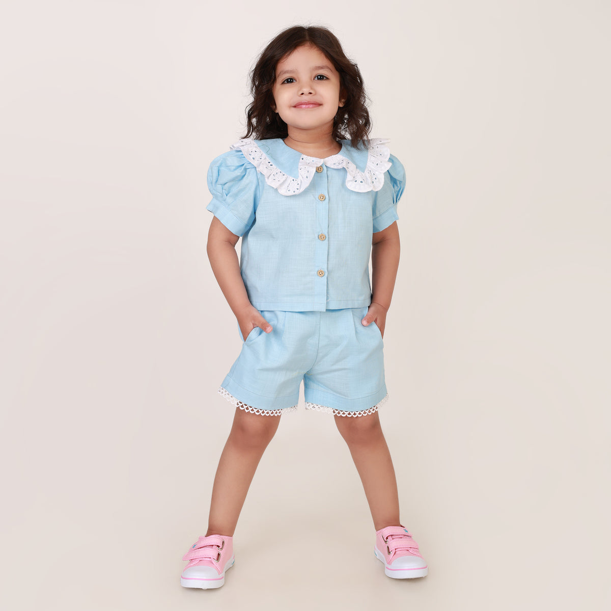 Powder Blue Cotton Linen Coord set for girls