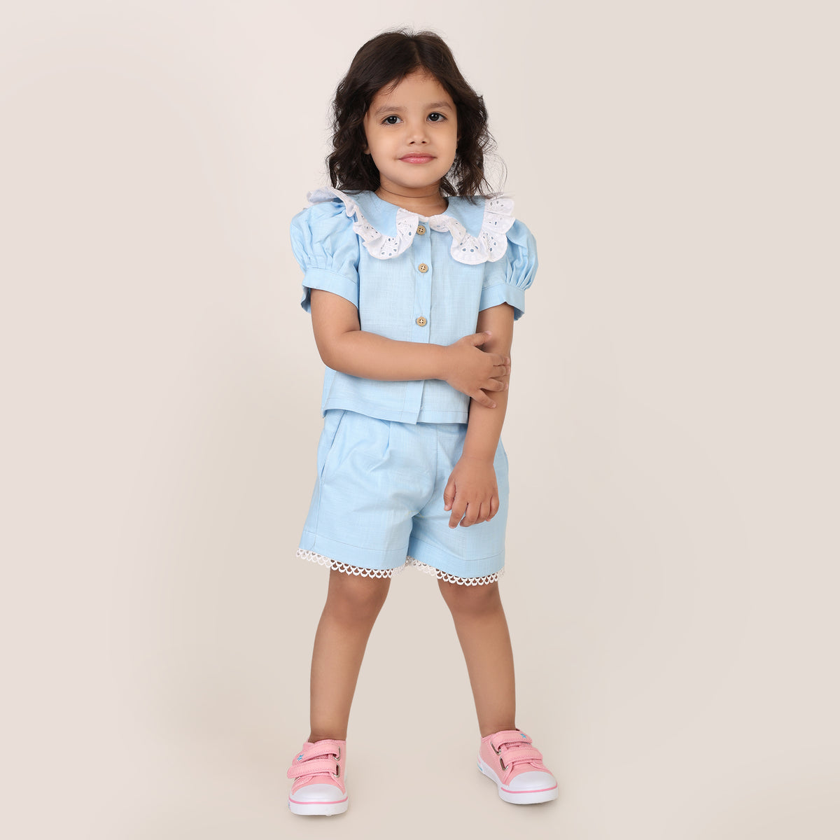 Powder Blue Cotton Linen Coord set for girls