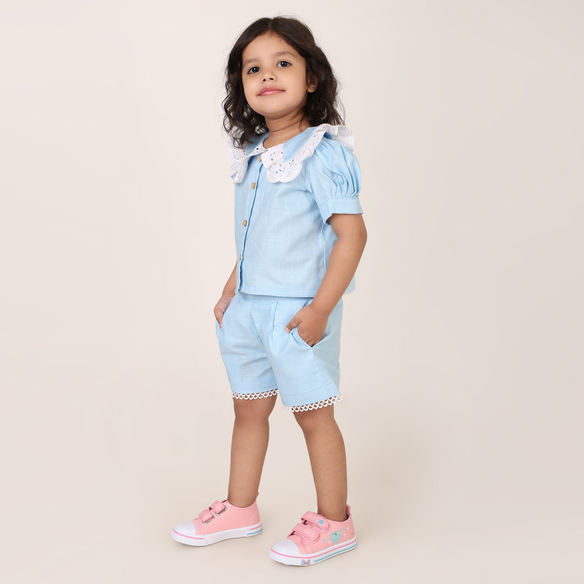 Powder Blue Cotton Linen Coord set for girls