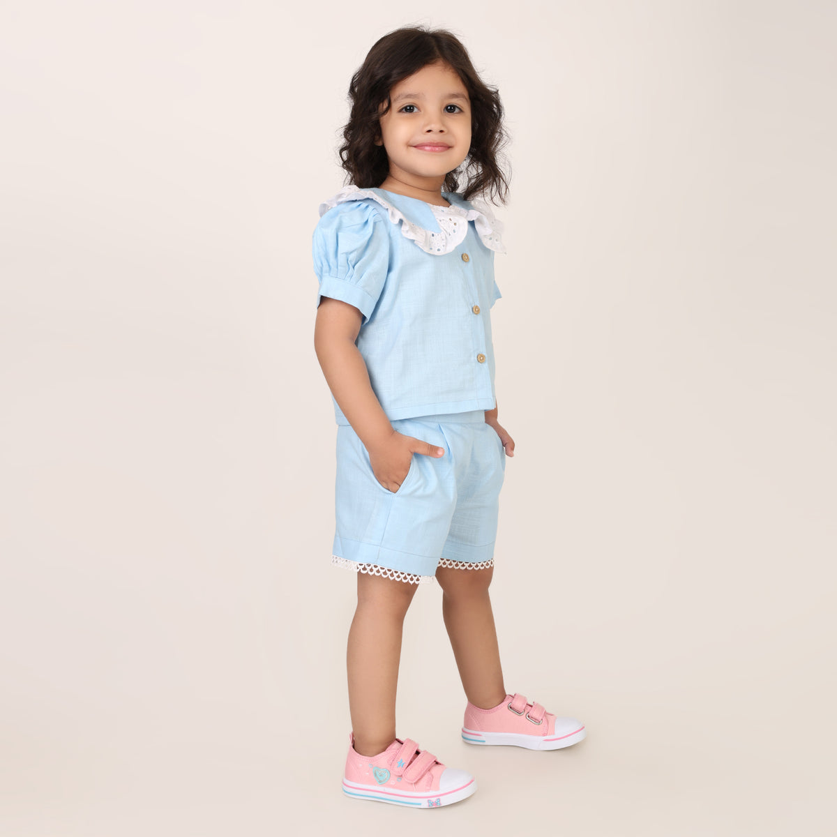 Powder Blue Cotton Linen Coord set for girls