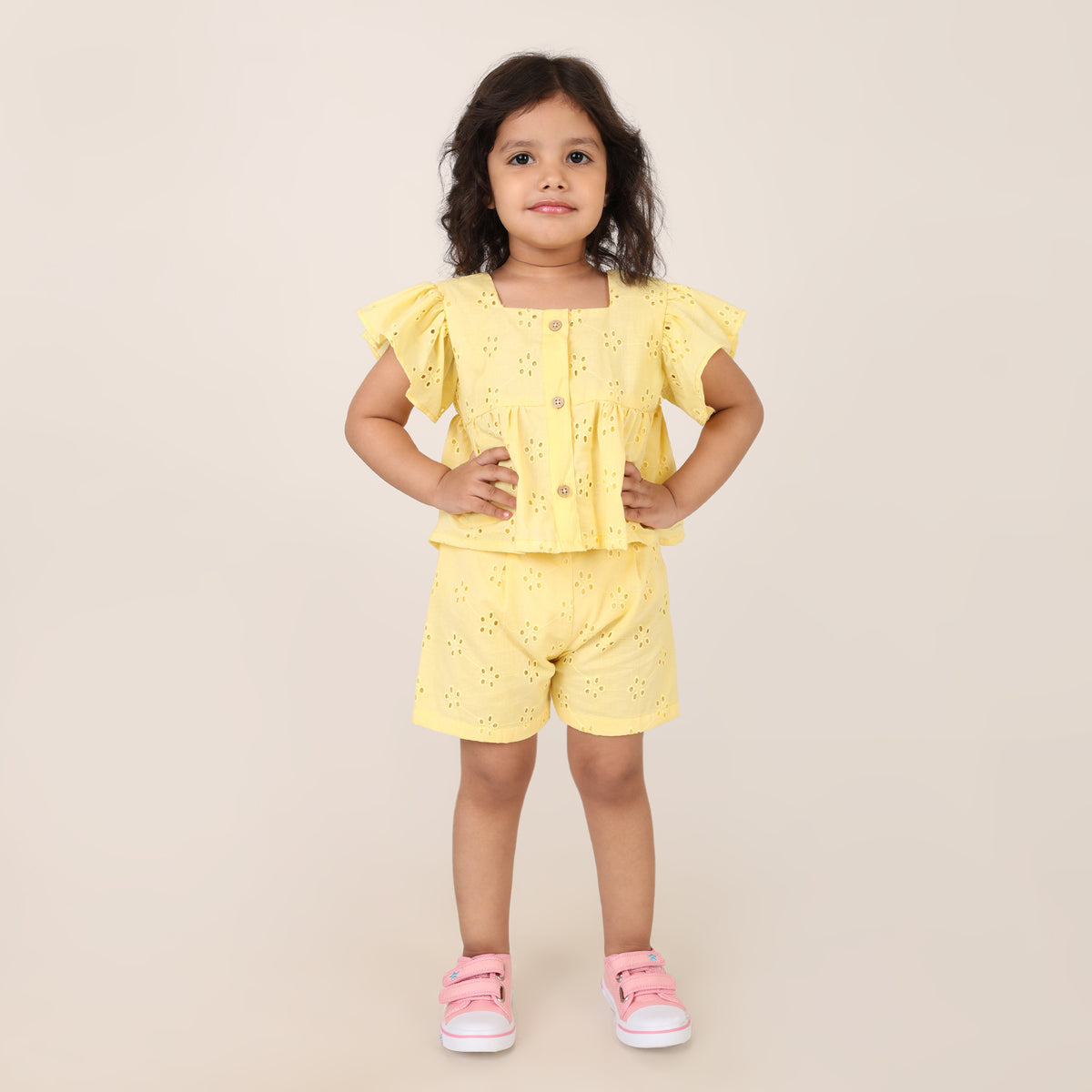 Yellow Pure Cotton Schiffli Coord set for girls