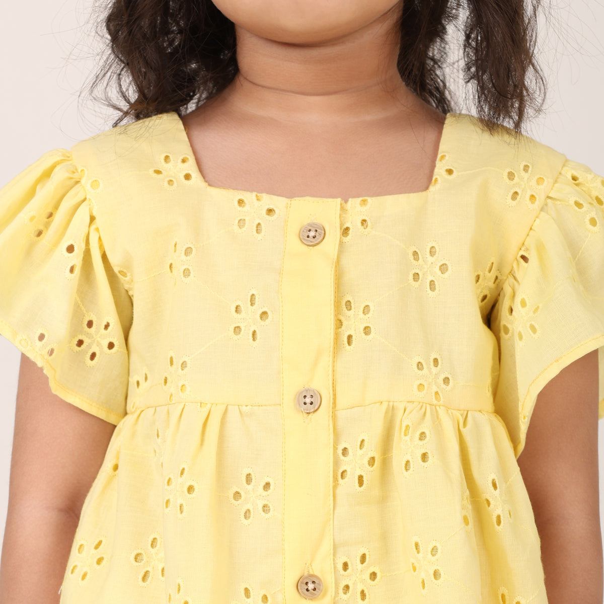 Yellow Pure Cotton Schiffli Coord set for girls