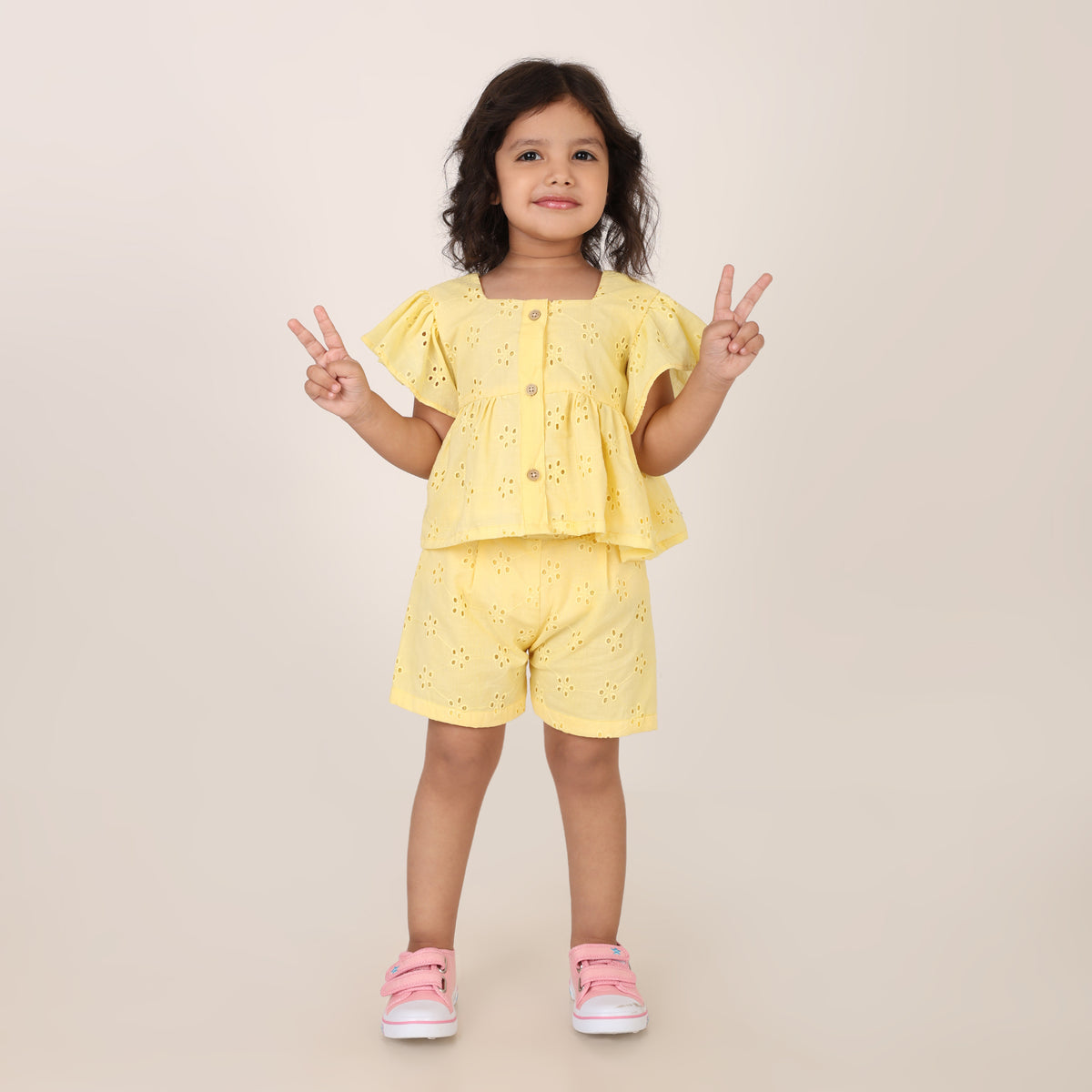 Yellow Pure Cotton Schiffli Coord set for girls
