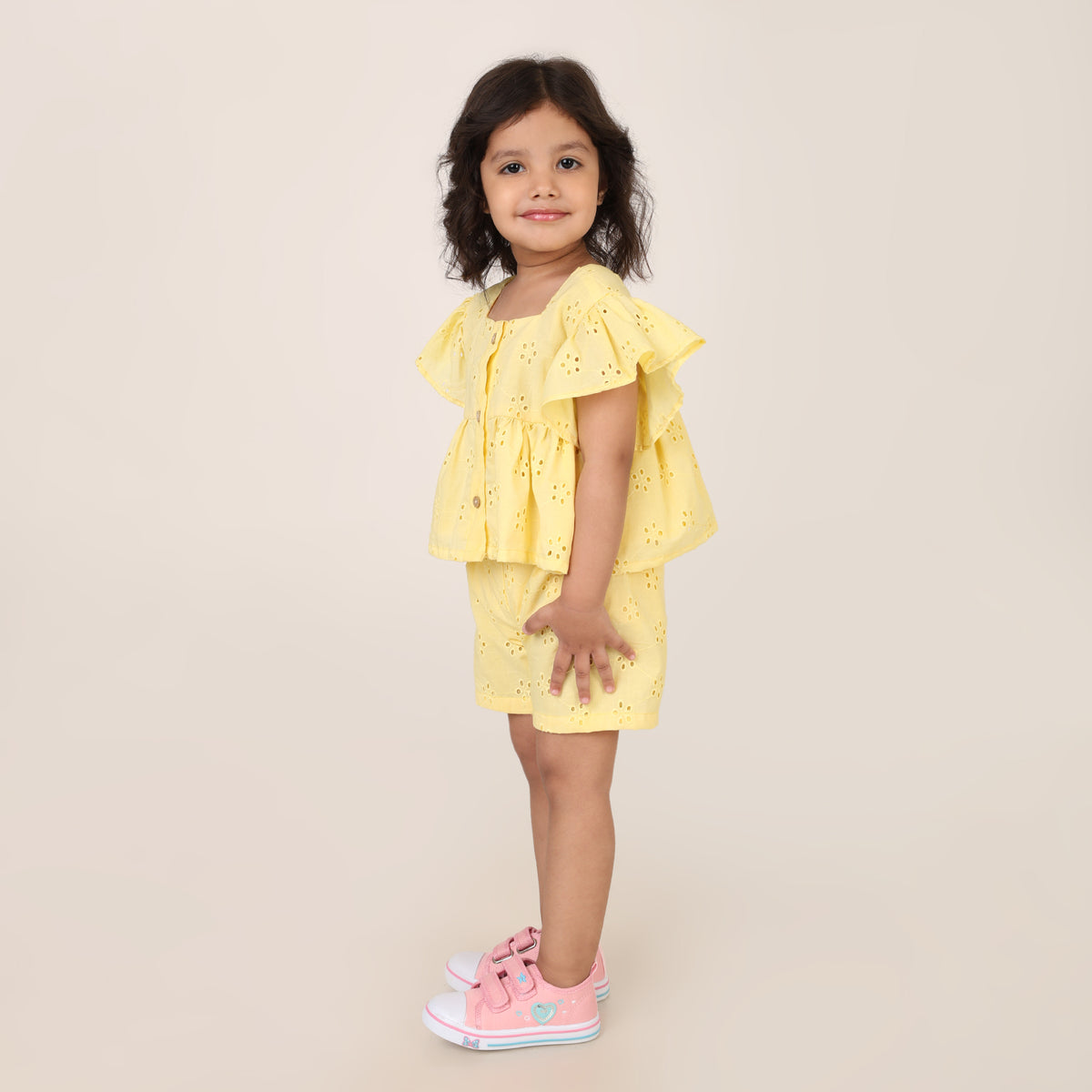 Yellow Pure Cotton Schiffli Coord set for girls