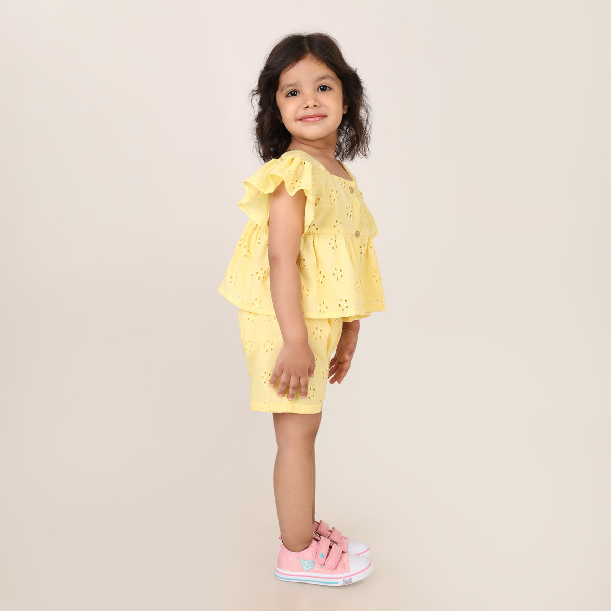 Yellow Pure Cotton Schiffli Coord set for girls