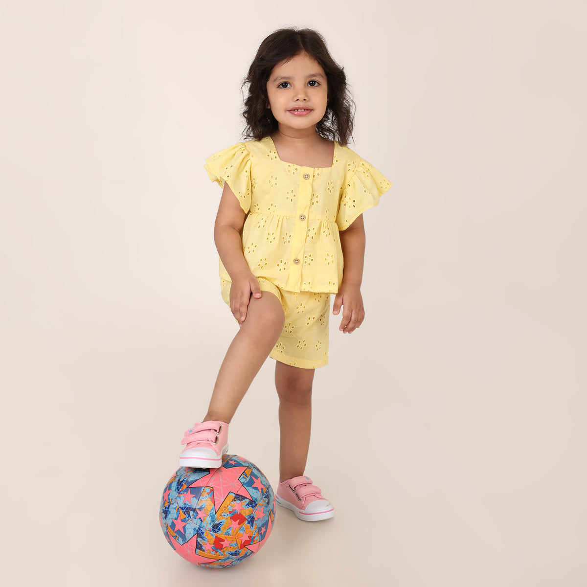 Yellow Pure Cotton Schiffli Coord set for girls