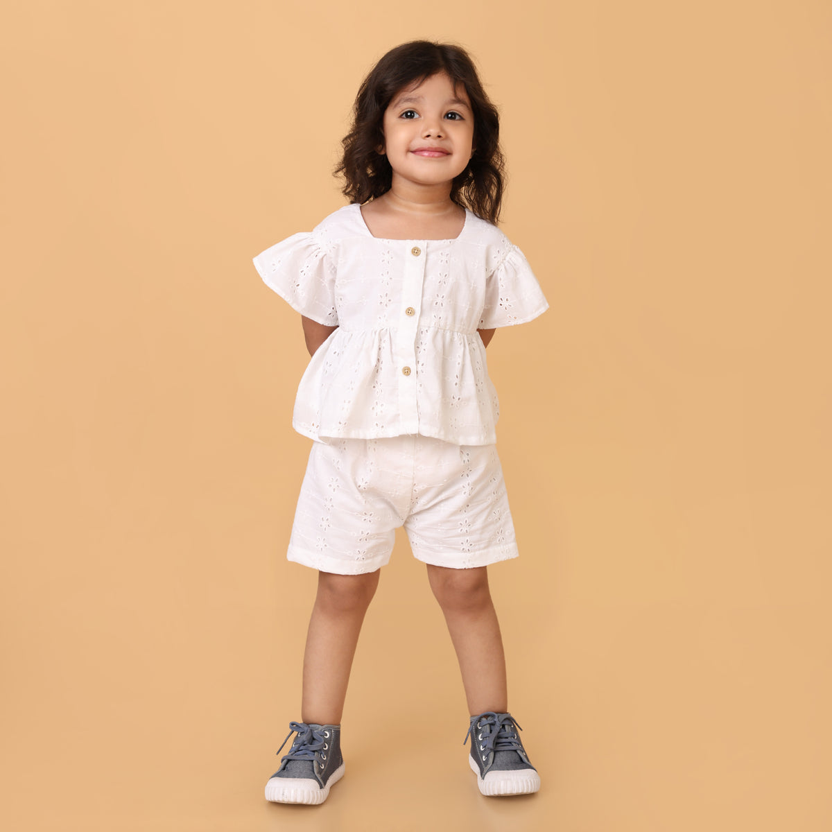 White Pure Cotton Schiffli Coord set for girls