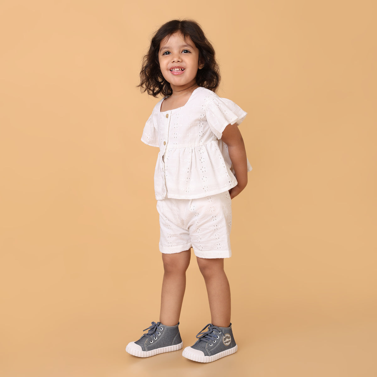 White Pure Cotton Schiffli Coord set for girls