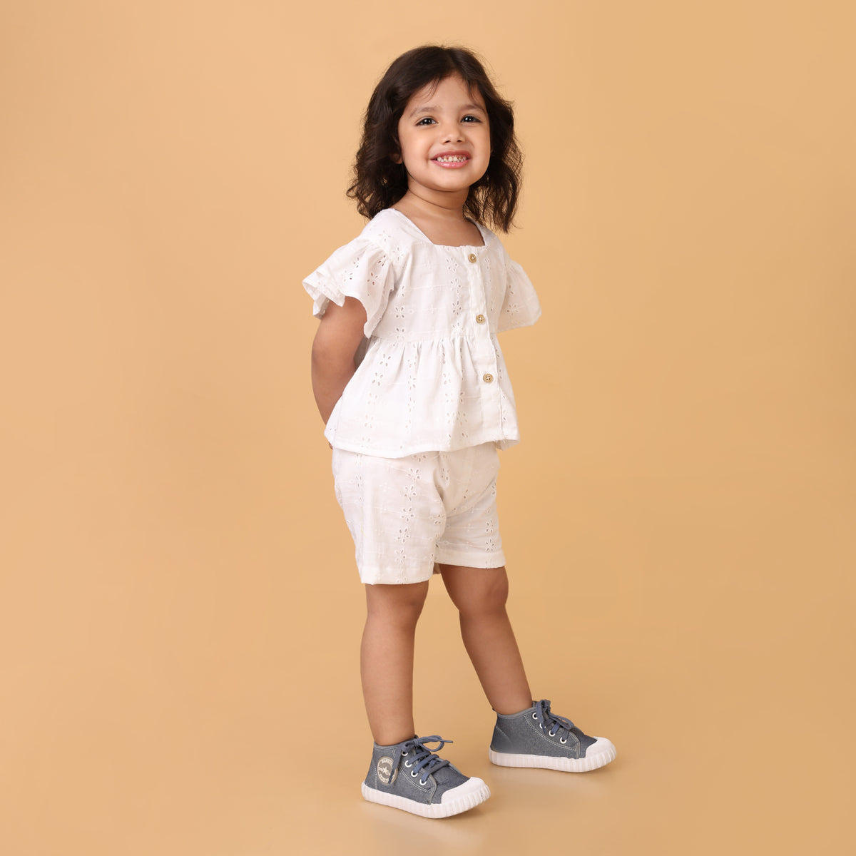 White Pure Cotton Schiffli Coord set for girls