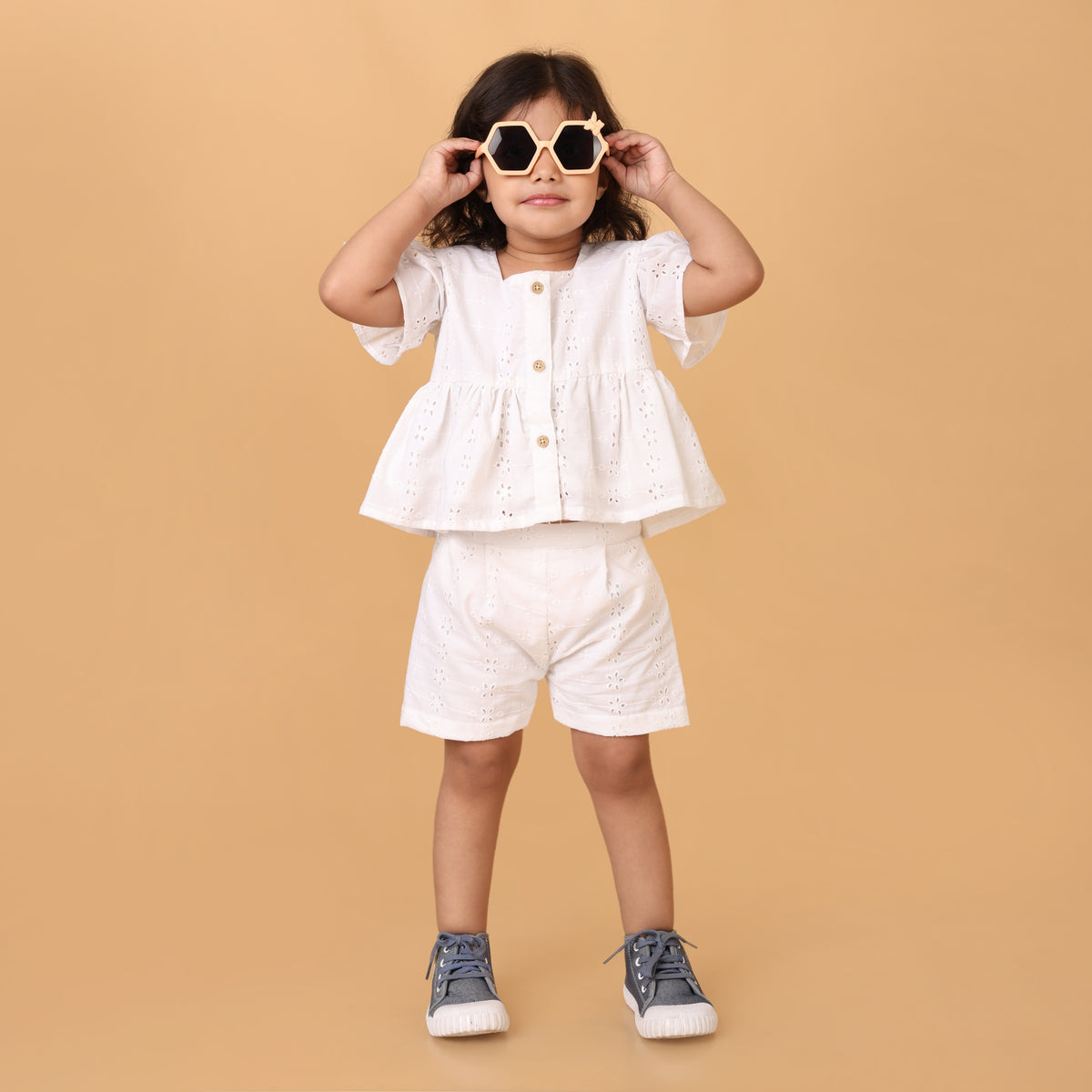 White Pure Cotton Schiffli Coord set for girls