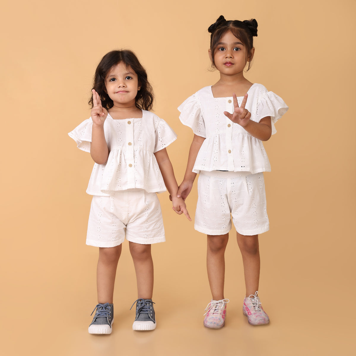 White Pure Cotton Schiffli Coord set for girls