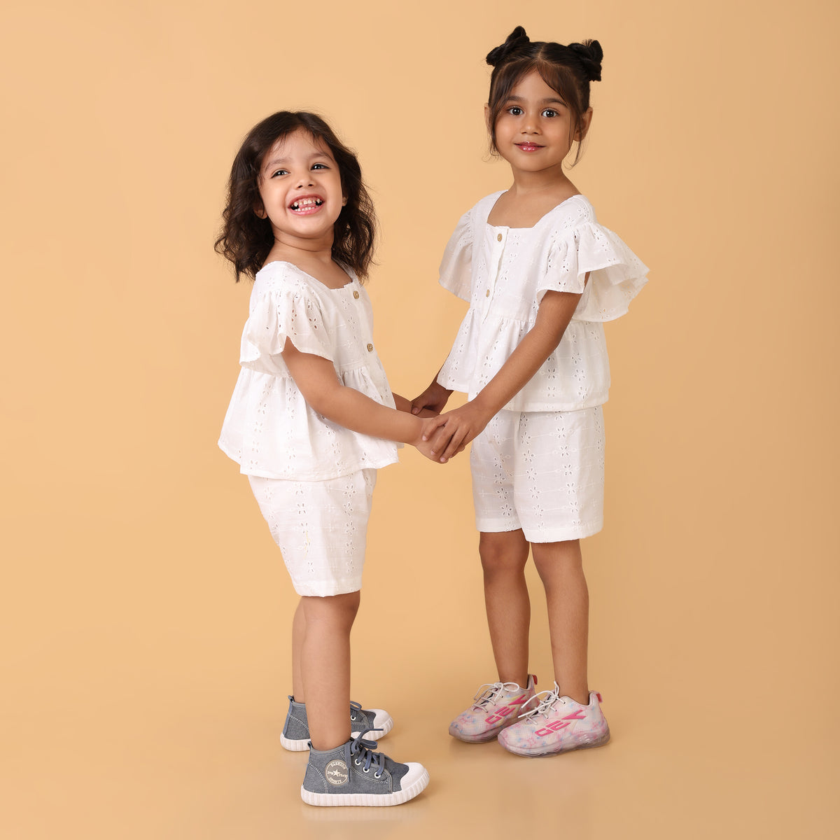 White Pure Cotton Schiffli Coord set for girls