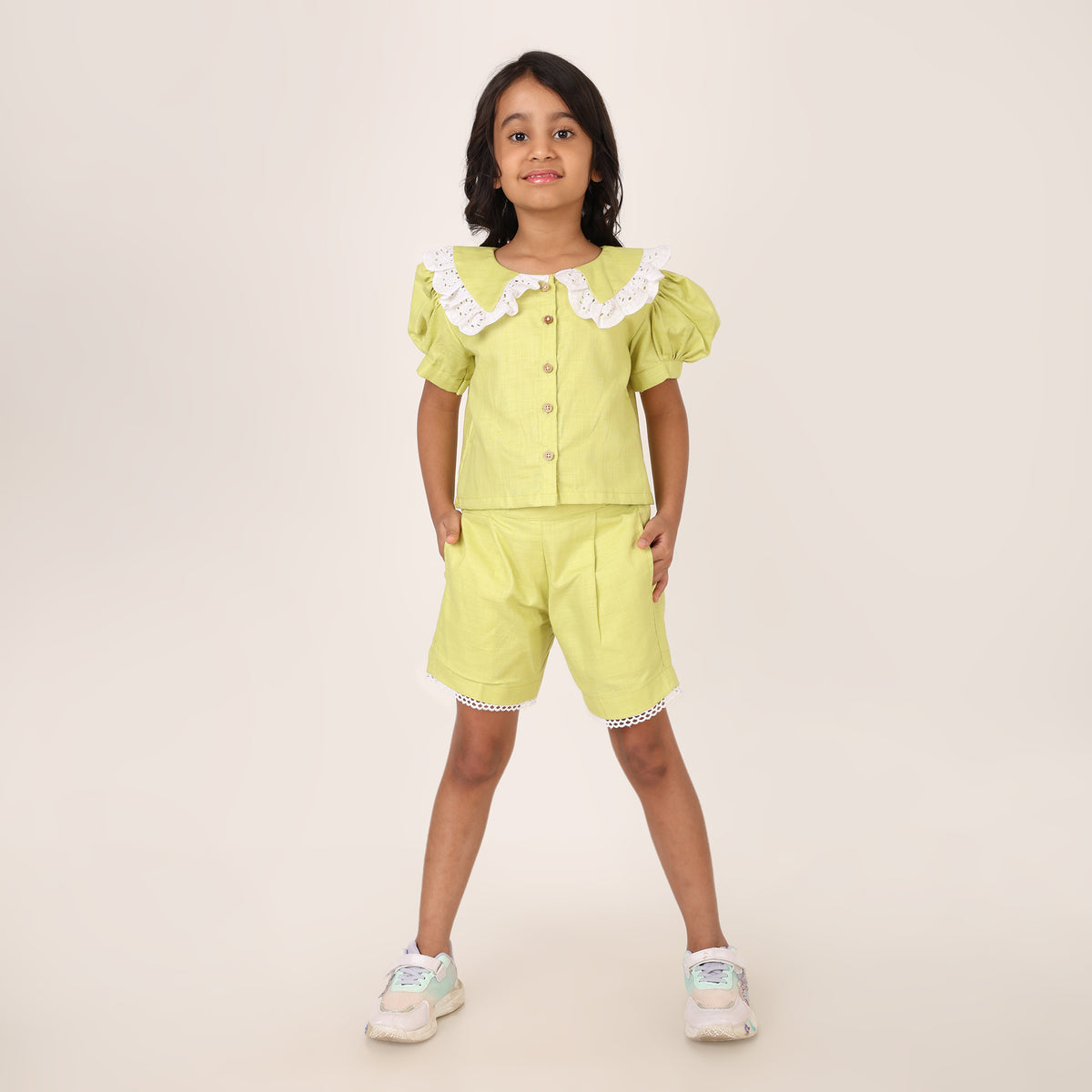 Neon Green Cotton Linen Coord set for girls