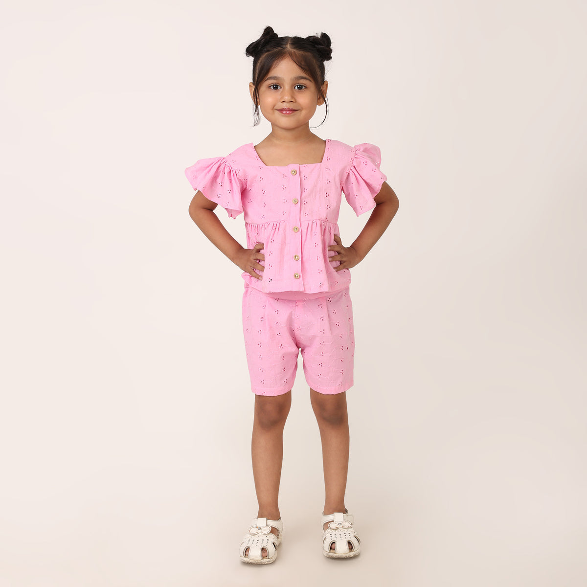 Pink Pure Cotton Schiffli Coord set for girls