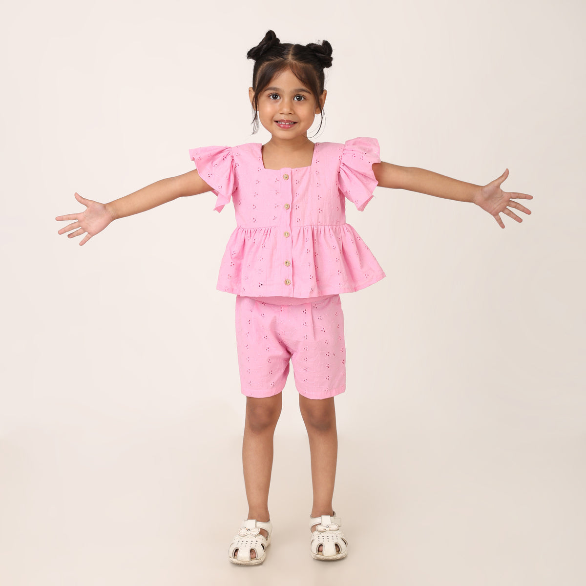 Pink Pure Cotton Schiffli Coord set for girls