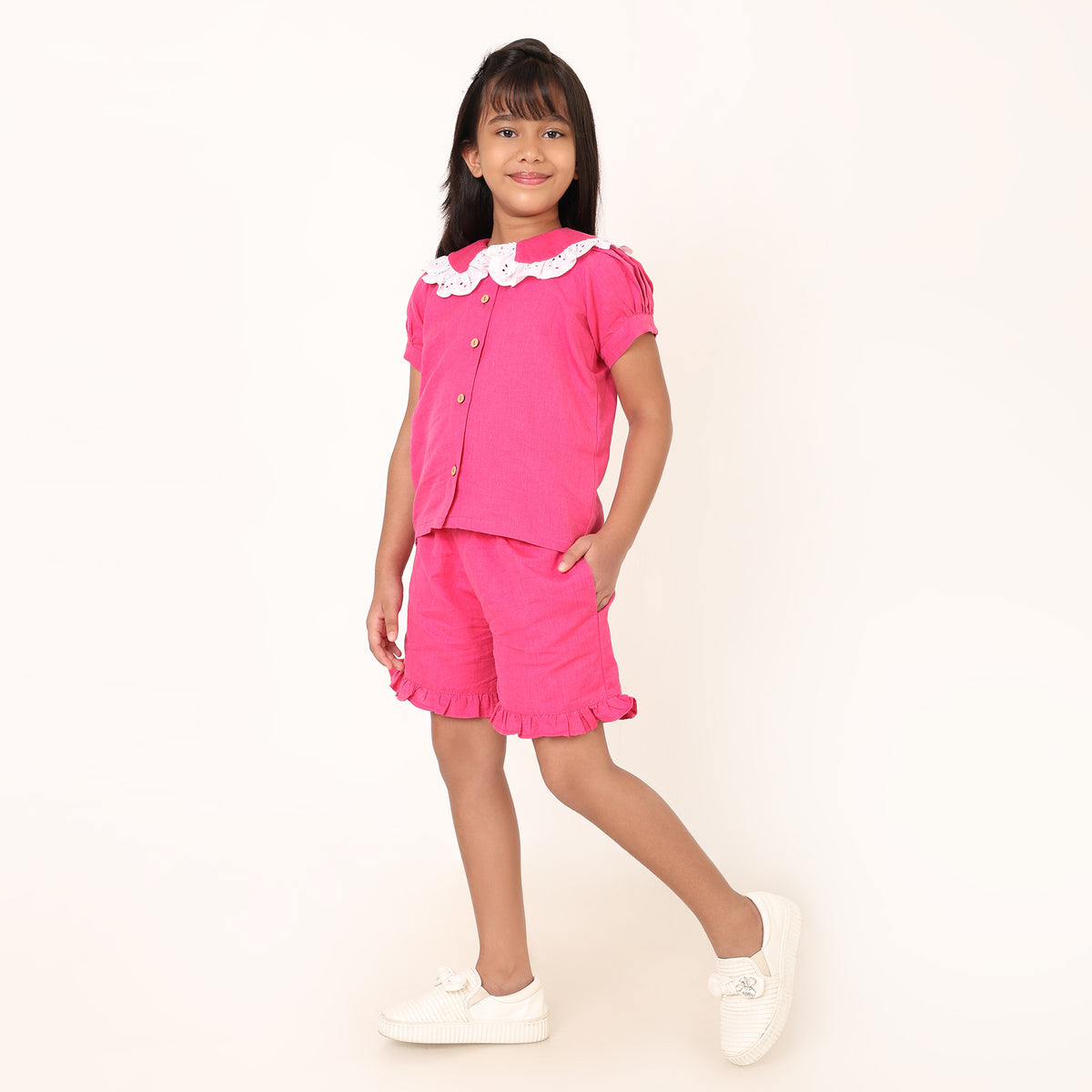 Dark Pink Cotton Linen Coord set for girls