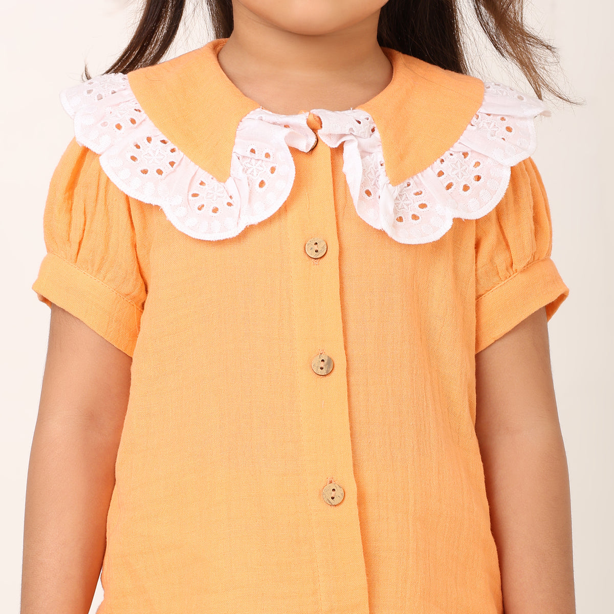 Orange Organic Cotton Co-ord Set for Girls with Schiffli Lace