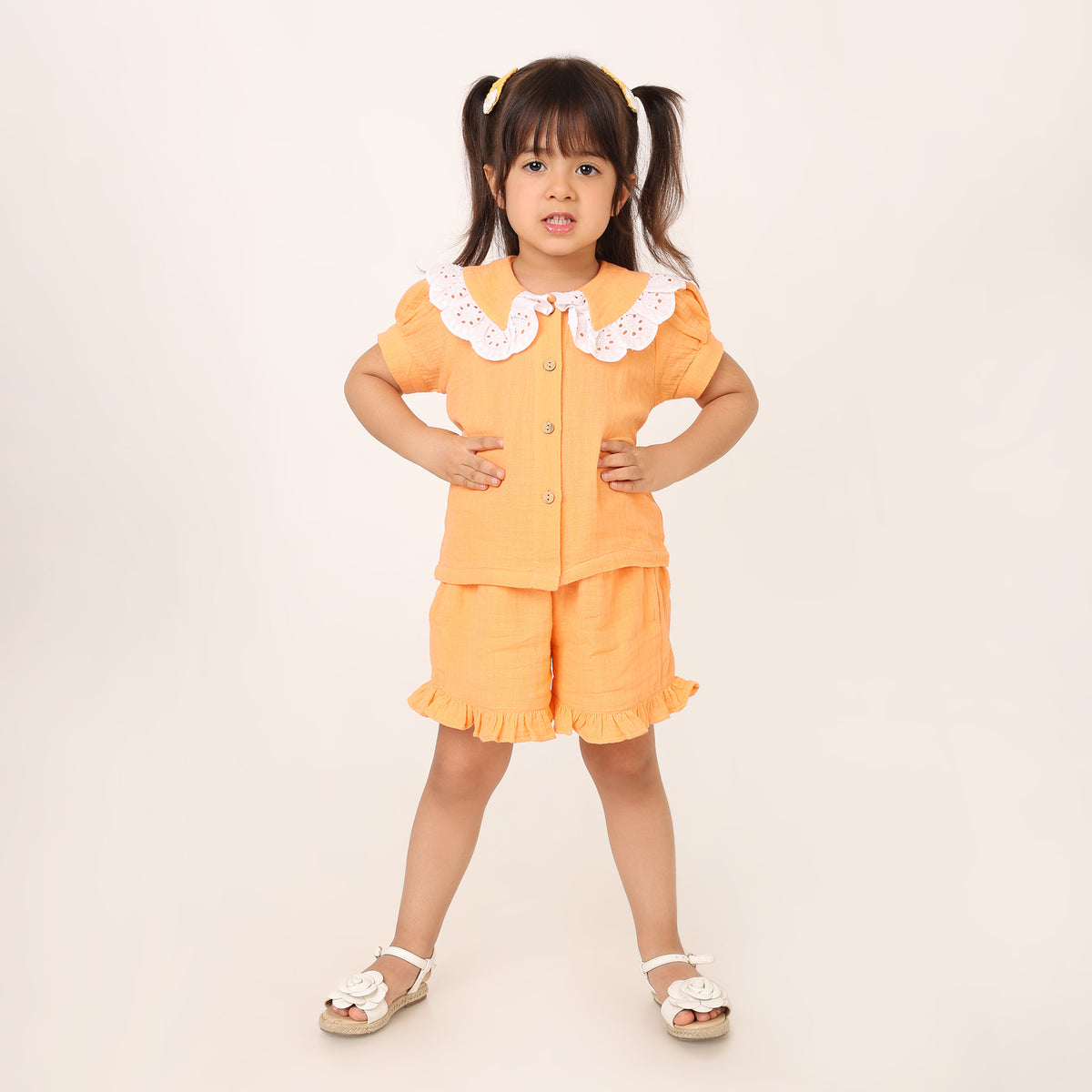 Orange Organic Cotton Co-ord Set for Girls with Schiffli Lace