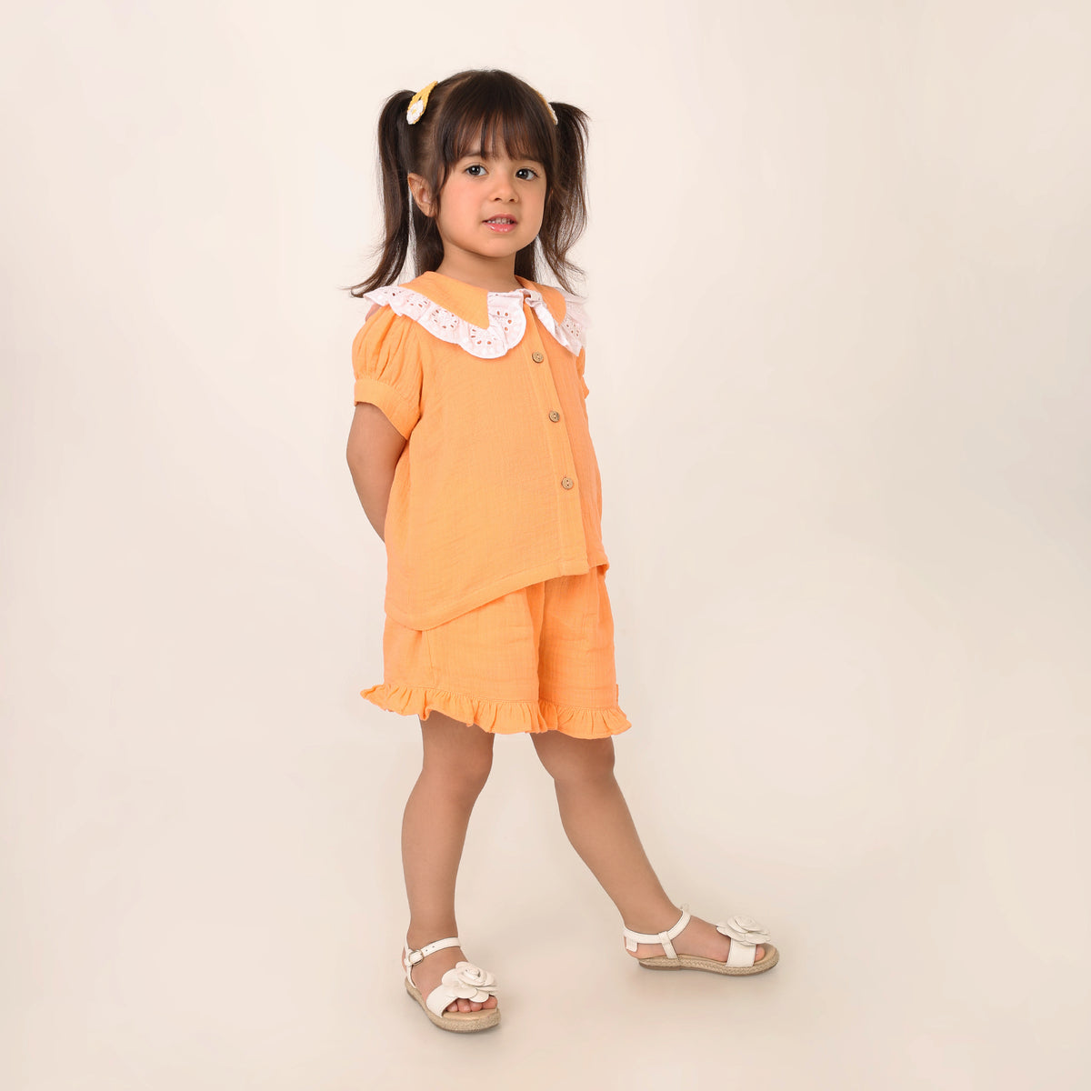 Orange Organic Cotton Co-ord Set for Girls with Schiffli Lace