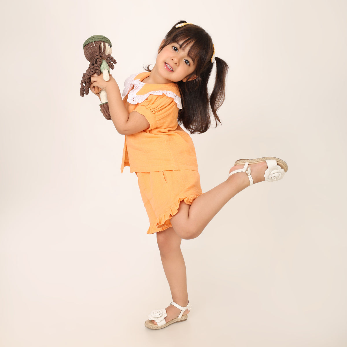 Orange Organic Cotton Co-ord Set for Girls with Schiffli Lace