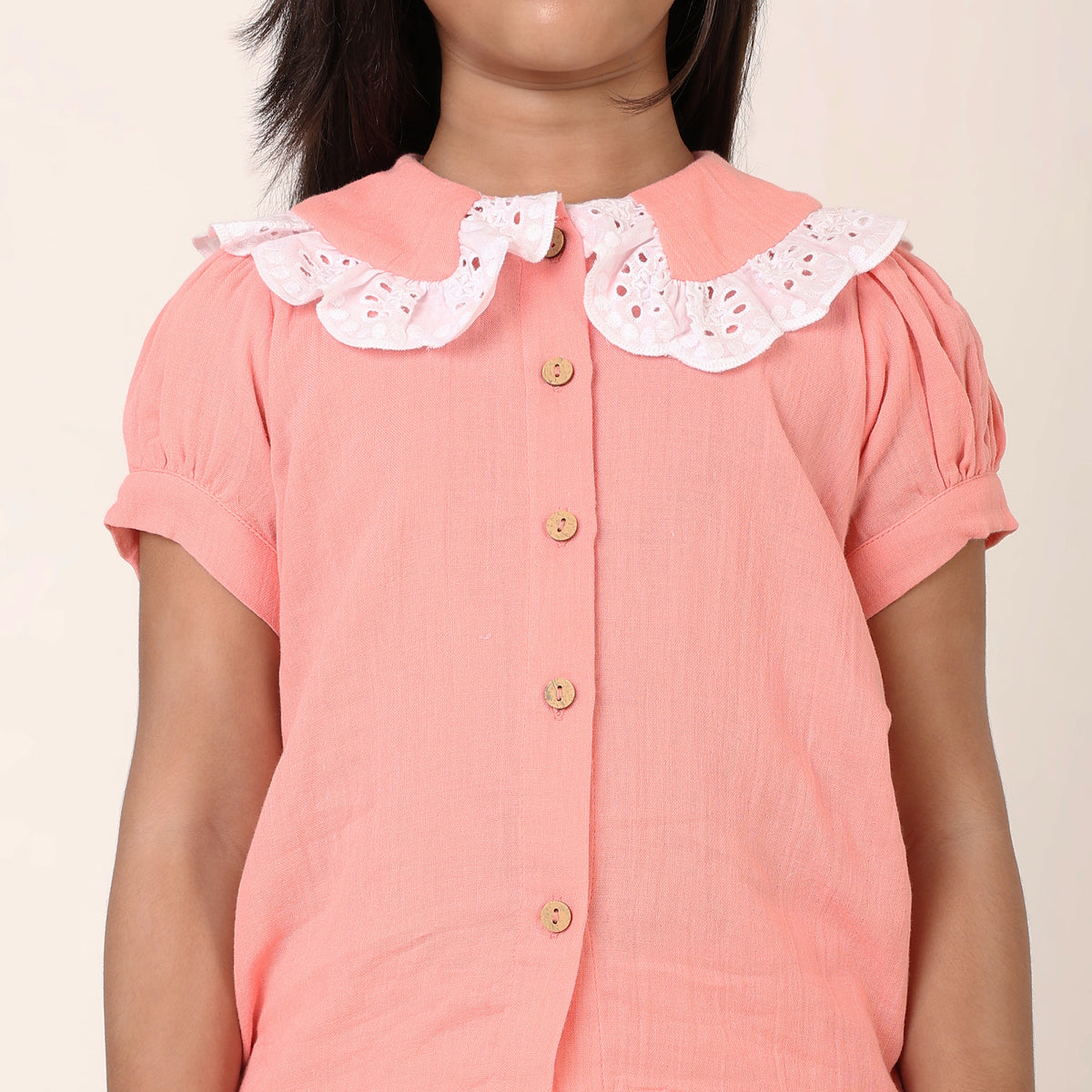 Peach Organic CottonCo-ord Set for Girls with Schiffli Lace