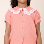 Peach Organic CottonCo-ord Set for Girls with Schiffli Lace
