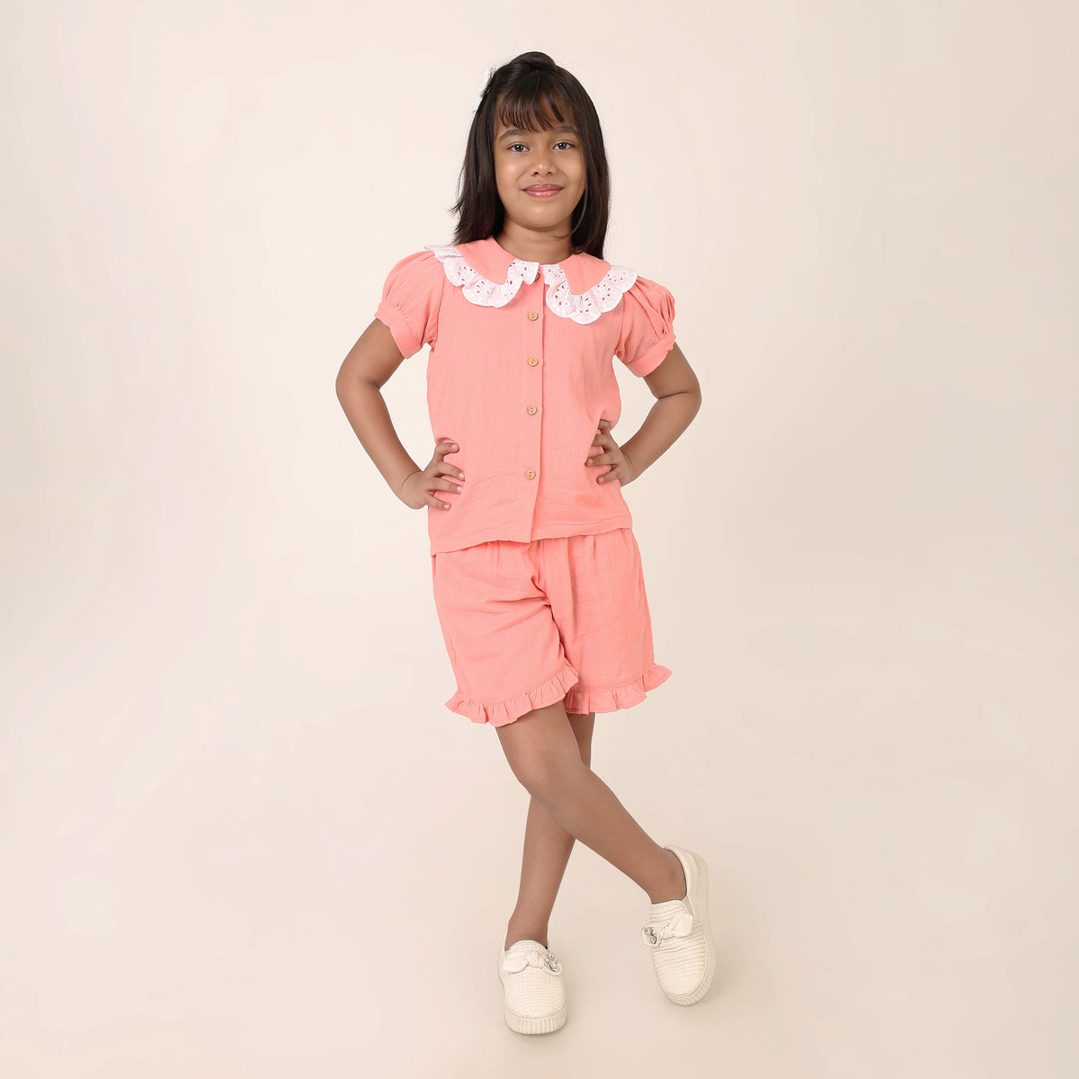 Peach Organic CottonCo-ord Set for Girls with Schiffli Lace