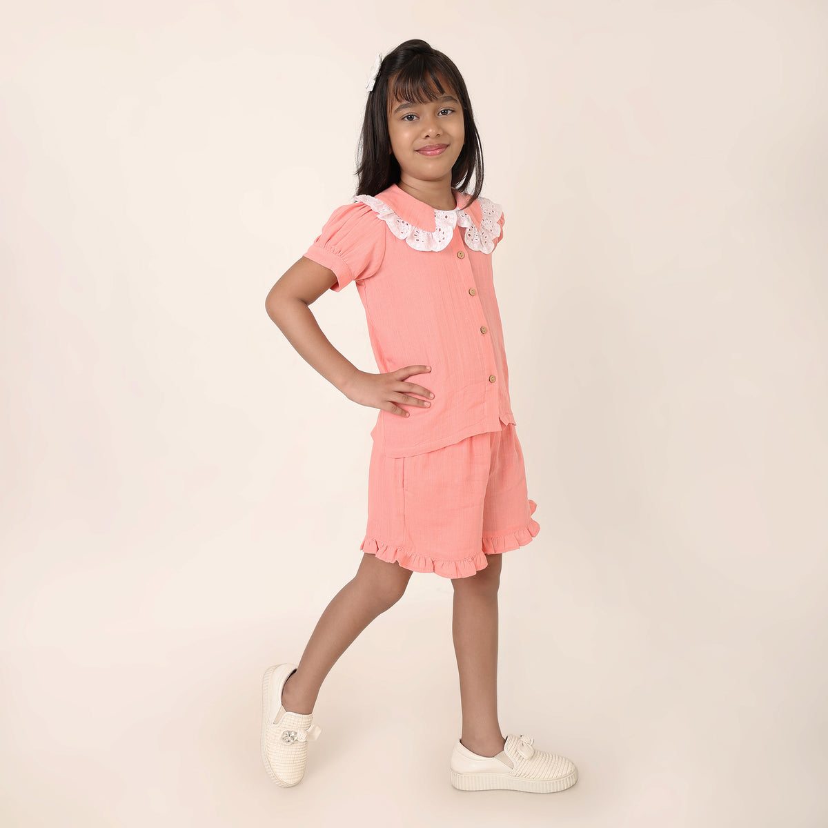 Peach Organic CottonCo-ord Set for Girls with Schiffli Lace