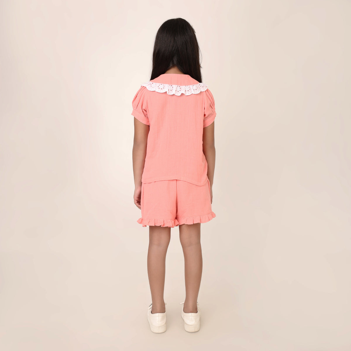 Peach Organic CottonCo-ord Set for Girls with Schiffli Lace