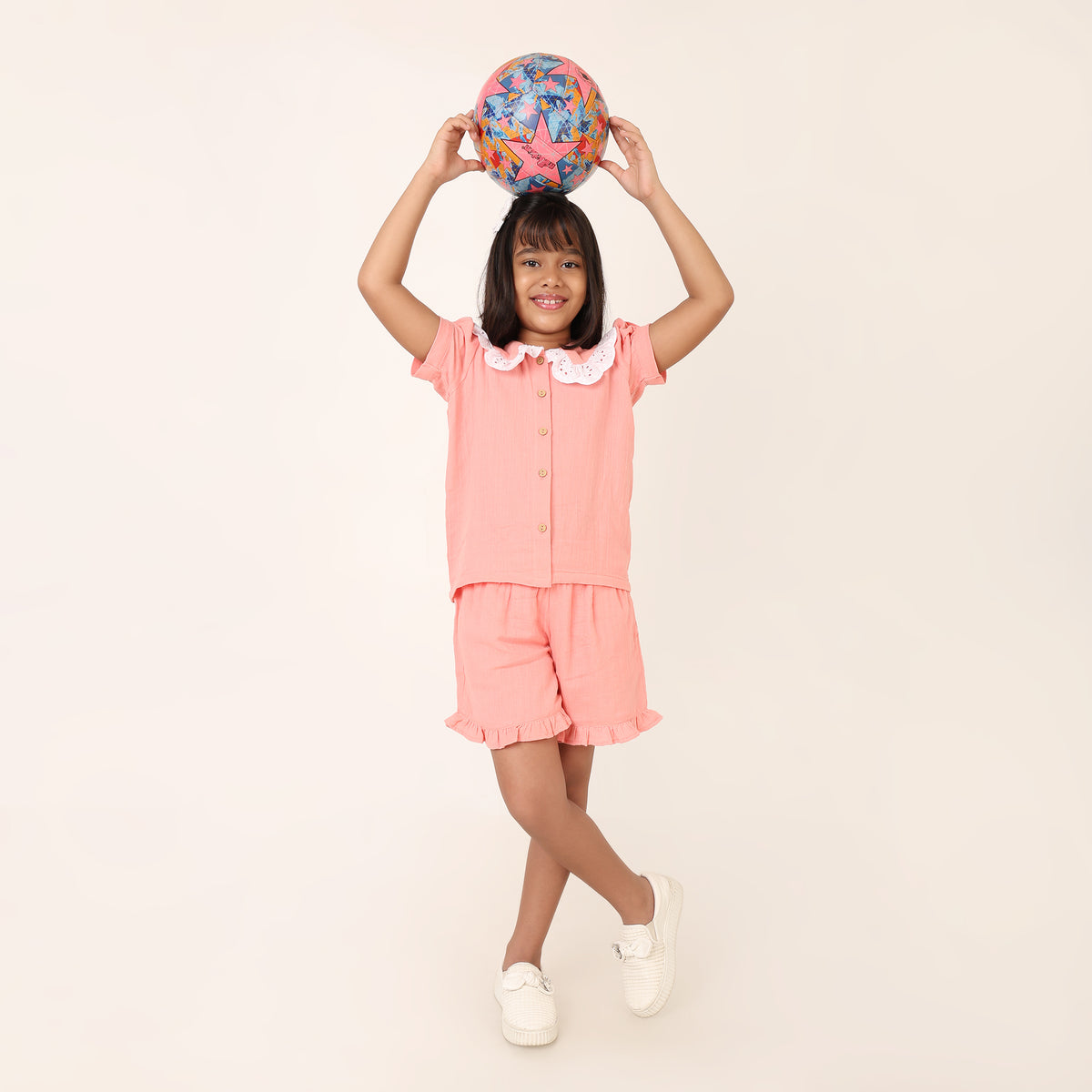 Peach Organic CottonCo-ord Set for Girls with Schiffli Lace