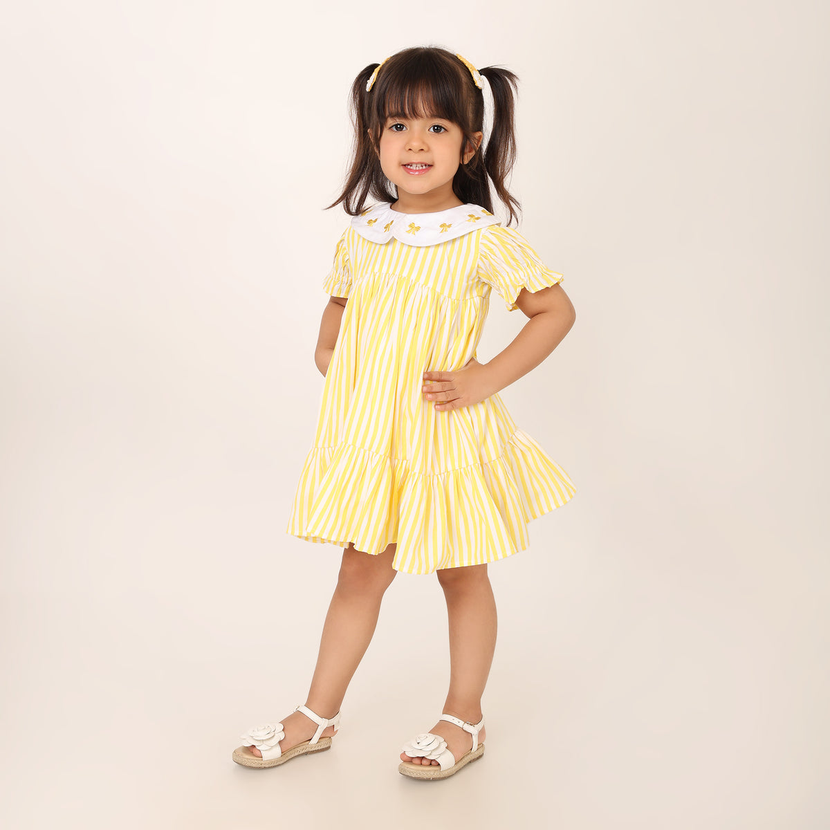 White and Yellow Organic Cotton Striped Dress for Girls