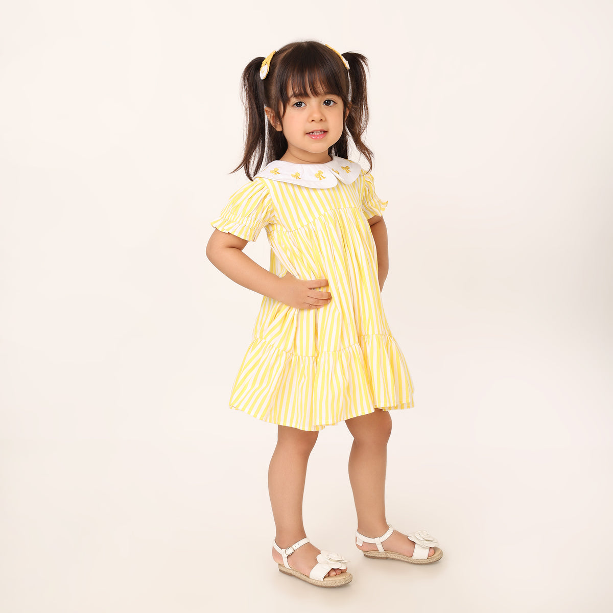 White and Yellow Organic Cotton Striped Dress for Girls