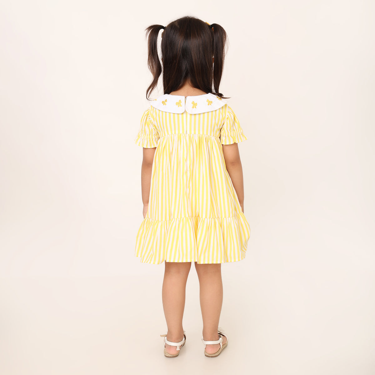 White and Yellow Organic Cotton Striped Dress for Girls